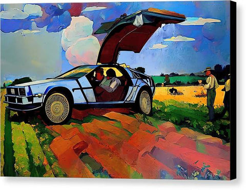 A car and an artist painting in a blue background