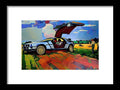 A photo of a sports car parked next to an art print for sale