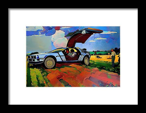 A photo of a sports car parked next to an art print for sale