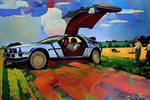 a piece of artwork that shows a couple of cars sitting on the side of a road