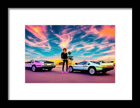 Art print in blue background on TV on the television with a car and some trees and