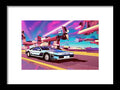 Two cars on the road on a highway with neon and an art print