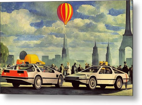 There is a view of a city skyline with large automobiles driving with motorcycles and air balloons