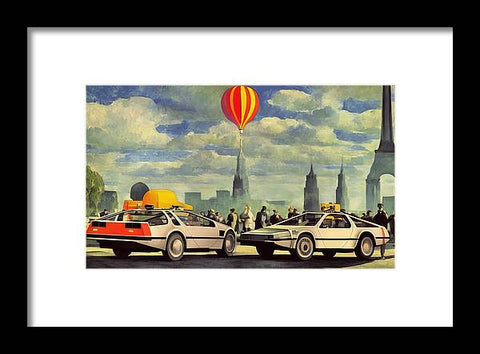 An art print of the old air balloon flying beneath several city lights