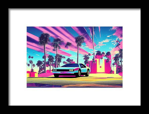 An art print on a car with a sunset in the background