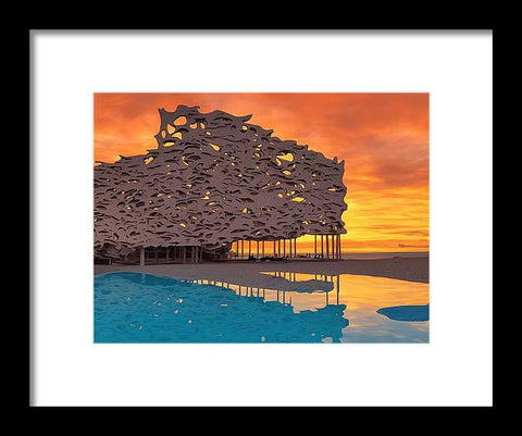 Art print with an umbrella over a group of sun and a sunrise on the ocean