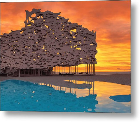 Two pictures with an abstract design painting of a building on the beach together