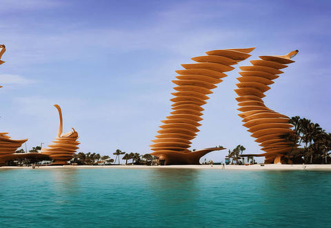 A building shaped like a wave on the seawater