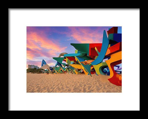this art print is shown on a wall is floating in a beach filled with colorful colored