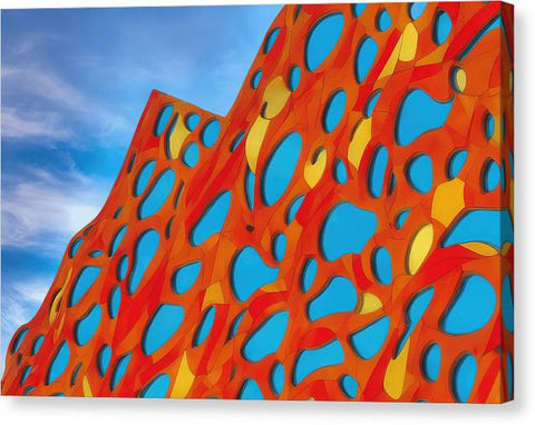 An abstract painting of a lava sculpture with a large mountain range across the background