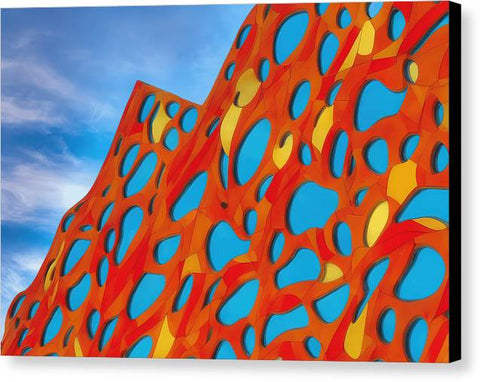 An abstract painting of a lava sculpture with a large mountain range across the background