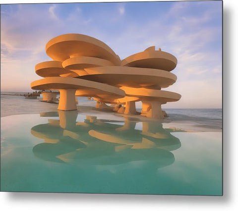 A building makes a beautiful landscape with sculptures of an ocean and a wood building