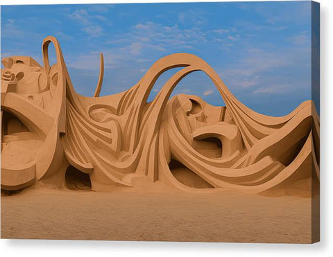 a sand sculpture carved with intricate designs on it holding wind surfing boards at the beach