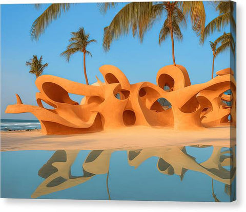 An  outdoor sculpture in a white sand beach with a sunset