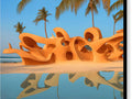 An  outdoor sculpture in a white sand beach with a sunset