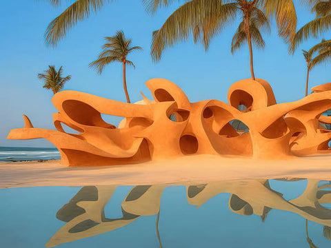 An outdoor sculpture on a sandy beach near a house with a couple of different colors in