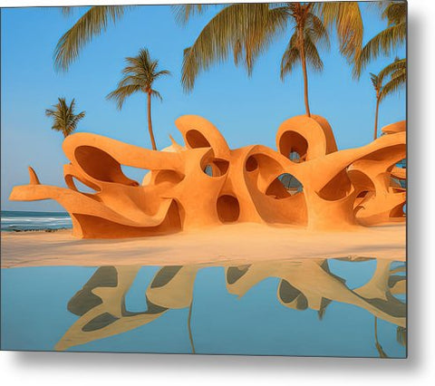 A sculpture on a beach in white sand on it has sun setting in front of the