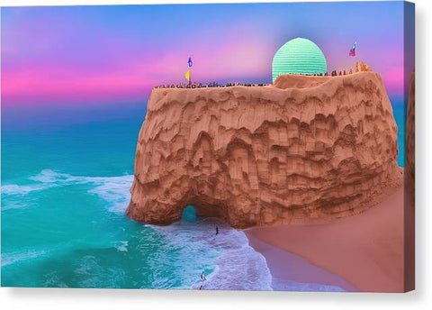 Art print of sand castle and an image of a volcano