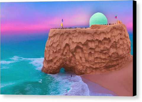 Art print of sand castle and an image of a volcano