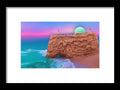 Art print of a sunset on a beach with colorful sand in the background