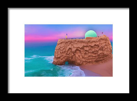 Art print of a sunset on a beach with colorful sand in the background