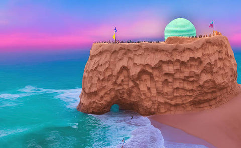 a beach with a beach simulator on screen and various colorful scenery