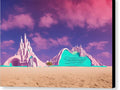 Sandcastle shaped photo in colorful print next to beach and mountains