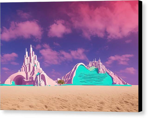 Sandcastle shaped photo in colorful print next to beach and mountains