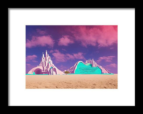 A piece of art printed in a pink sand castle on a white background
