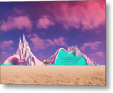 A green screen TV set displaying art printed artwork with a blue sky in the background