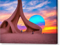 A colorful sculpture with beautiful sunset in the foreground