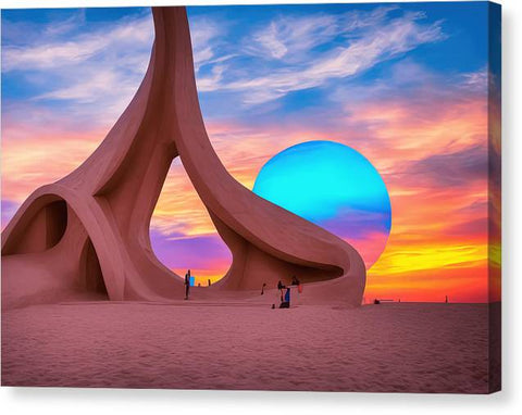 A colorful sculpture with beautiful sunset in the foreground