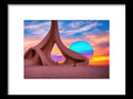 Art print in an Asian park with buildings and desert in a sunset