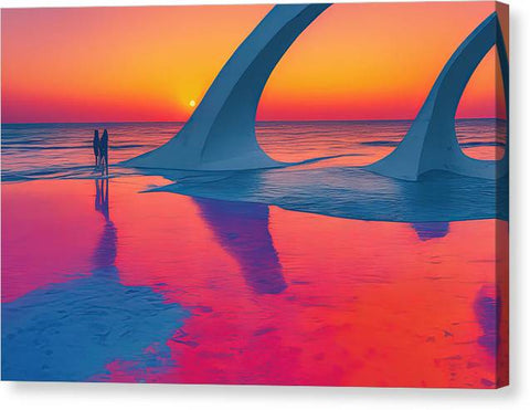 Art prints of sunset setting with some people standing on a stone beach