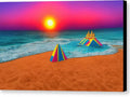 a sunset on beach with colorful cards on a table with a beach in the background