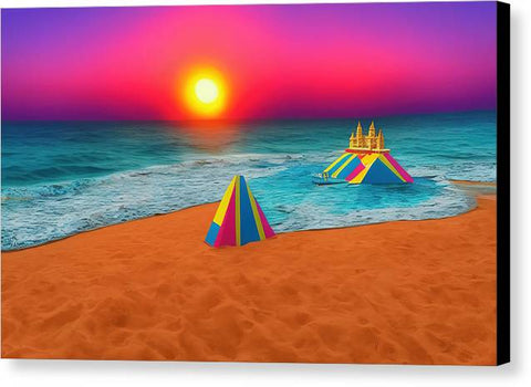 a sunset on beach with colorful cards on a table with a beach in the background