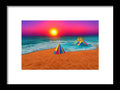 Art print on a beach with sun set in a colorful beach park
