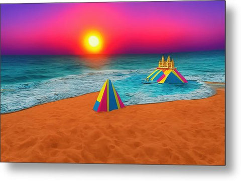 A beautiful beach at sunset with colorful umbrellas some colorful flags and colorful k