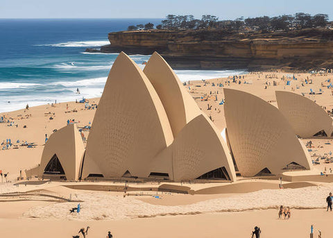 The Opera house with the windows and archway open fronting on City Beach in Sydney