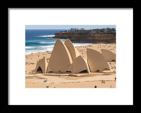 An art print of the Sydney Opera House is on a wall of an exterior of an