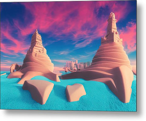 A beach filled with colorful sand castles at sunset in a desert landscape