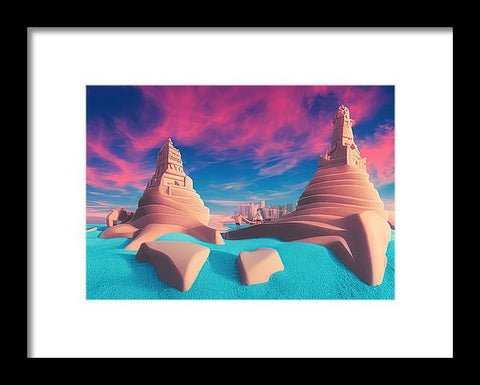 An art print sitting on a beach in desert filled with sand