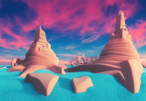 A sandcastle shaped like a city sitting on a sand bar on a desert scene