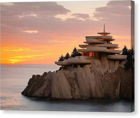 A beautiful rock building that is sitting in the ocean near sea