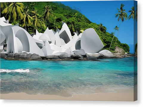 A very beautiful picture of a piece of artwork on a tropical island with several boats on