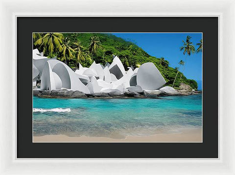 Tropical Oasis with Igloo Surrounded by Rocks. - Framed Print