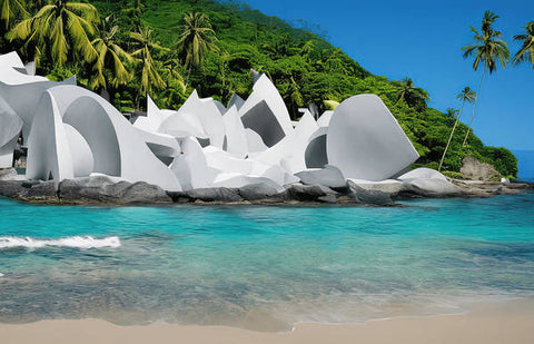 A tropical island with an igloo on a beach with some rocks in it