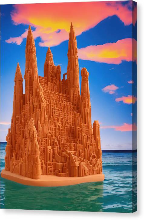 An orange statue in a castle surrounded by sand in a sandfilled ocean