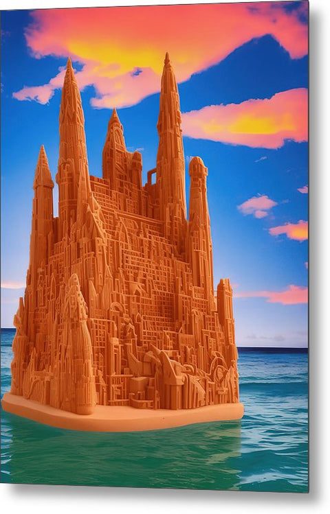 A very large sand castle with a white and orange background