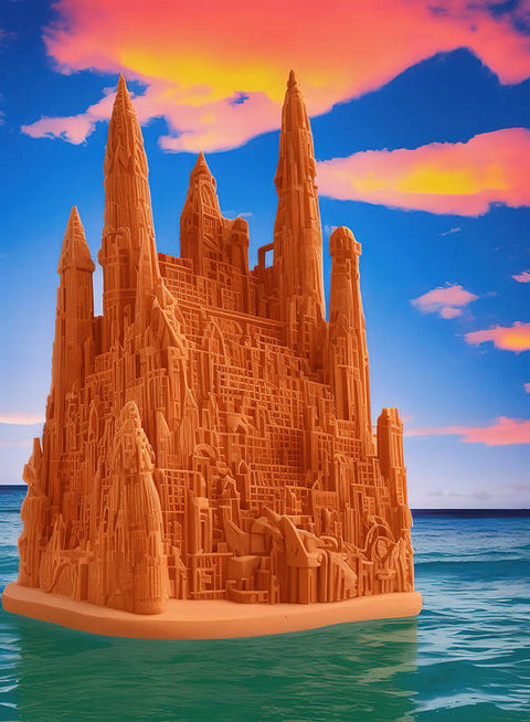 A tall white and orange carved wooden castle in the sand